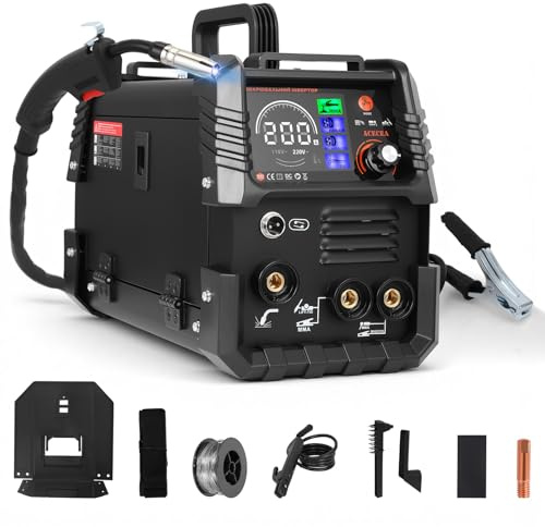 Ovshnrr Saldatrice a Filo Continuo Senza Gas, 120A 220V Saldatrice 3 in 1 (FLUX, Lift-TIG, MMA/ARC) Avanzamento Filo Sinergico, Inverter IGBT Compatto per Professionisti & Hobby Domestico