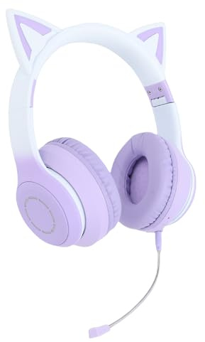Annadue Cat Ear Bluetooth Headphones, Foldable Wireless & Wired Gaming Headset with Retractable Mic, RGB Light, 15H Play Time, Over Ear Headphones for Laptop Smartphone (Purple)