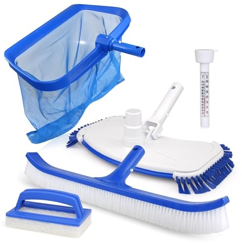 BAYZID Pool Zubehör Set Premium 5 in 1 – Komplettset für Poolreinigung mit Bodensauger, Kescher, Bürste & Thermometer – Pool Reinigungsset kompatibel mit Teleskopstange