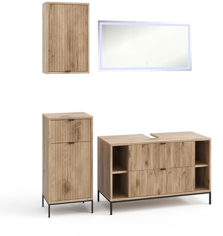 Vicco Badmöbel-Set Eliza, Viking Oak, 100 cm, besteht aus Waschbeckenunterschrank, Spiegelschrank, Midischrank und Hängeschrank