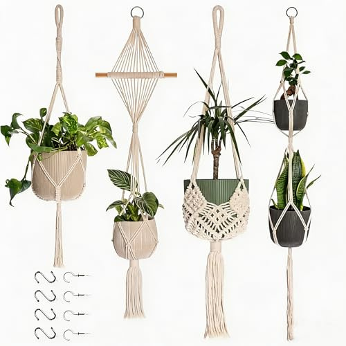 GETRWLBN Colgadores Macramé Plantas,4 Piezas,Cuerda Algodón, Blanco | Con anillo metal y borlas,Decoración interior/exterior,Incluye 4 ganchos