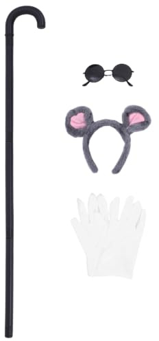 NIYANGLE Complete Mouse Ears Headband Costume Set for Adult Women Featuring Comfortable Material and Lifelike Details with Sunglasses, Blind Cane, and White Gloves for Themed Parties