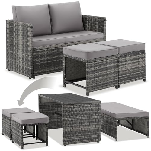 tectake® 2in1 Rattanlounge für 4 Personen, Set mit Tisch mit Schraubfüßen, Tischoberfläche in Holzoptik, Polyrattan Gartenmöbel, als Gartensofa oder Sitzgruppe, Terrassenmöbel, Outdoor Lounge – grau