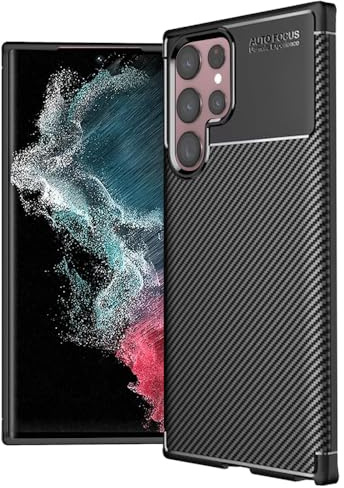 Techsuit für Samsung Galaxy S22 Ultra 5G Hülle mit Schlanke Passform, Anti Fingerabdruck, Carbonfaser Textur, Erhöhte Kanten, Kameraschutz, Präzise Aussparungen, CarbonFiber Series, TPU, Schwarz
