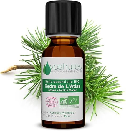 Voshuiles - Huile Essentielle Cèdre de L'Atlas Bio 125ml - Parfum Boisé - Idéale pour Diffuseur ou Chasser les Insectes - Huiles Essentielles de Qualité - 100% Pure et Naturelle - HEBBD et ECOCERT