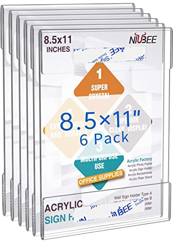 NIUBEE 8.5 x 11 Acrylic Sign Holder Wall Mount Clear Frame 6 Pack