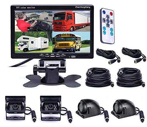 Vehicle Reversing Cameras Monitor Kit 12V/24V,4 x AHD 1080P Car Front Side Rear View Mirror Reverse Camera + 7 inch Quad 4-Split LCD IPS Screen for Bus Truck Trailer Caravan Camper Motorhome