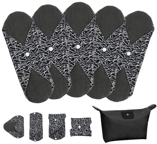 LIVEHITOP Slipeinlagen Waschbar – 5 Stück 30cm L Stoffbinden Wiederverwendbare Bambuskohle Damenbinden Bio Polyester Menstruation Nacht Lang Schwer mit Tasche Schwarz für Frauen Mädchen