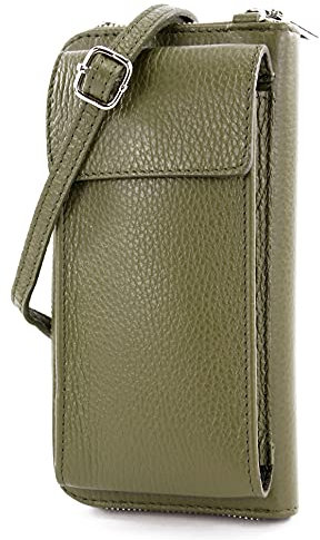 modamoda de P06 Damen Leder Umhängetasche Geldbörse Handytasche 6,5 Zoll handmade in Italy, Farbe:Olivgrün