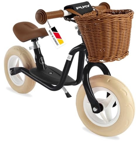 PUKY LR M CLASSIC Schwarz | Laufrad ab 2 Jahre | Kinderspielzeug ab 2 Jahre | Retro Look Kinder Laufrad | Balance Bike | Lauflernrad mit Lenkerkorb & Seitenständer | Höhenverstellbarer Lenker & Sattel