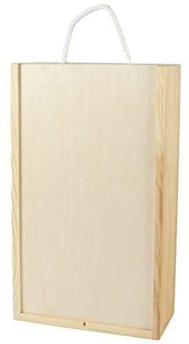 CALLE DEL REGALO Caja de madera para 2 botellas de vino con tapa corredera y asa de cuerda - Tapa deslizante - 35x19x9 cm