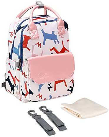SONARIN Stylische Baby Wickelrucksack Wickeltasche,Leicht Wasserdicht Babytasche Großer Kapazität Wickeltasche Rucksack Reisetasche mit Wickelunterlage & Kinderwagen Haken(Pony)