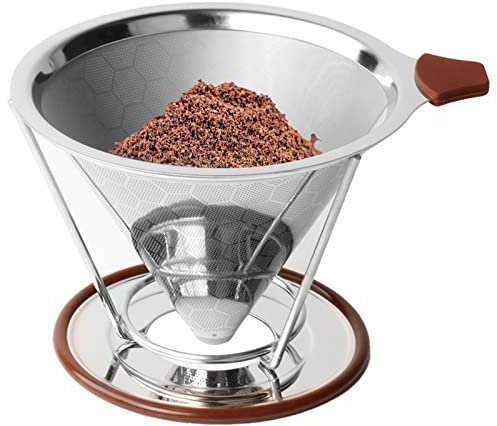 Zhongtou Filtre à Café en Acier inoxydable Filtre à Café Sans Papier Filtre Goutteur de Café Manuel Réutilisable avec Double Maille en Inox et Anse en Silicone