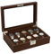 KILHS Uhrenbox mit 10 Fächern, Uhrenbox mit großem Glasdeckel, abnehmbares Uhrenkissen, abschließbarer Uhrenbox-Organizer, Weiches Samtfutter, Geschenk, Braun
