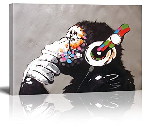 Banksy Grafitti-Kunst-Leinwand-Wanddekoration – Moderne Pop-Art denkender Affe mit Kopfhörern, Leinwanddruck, Heimdekoration, Wandkunst, 30 x 40 cm (12 x 16 Zoll) mit Rahmen