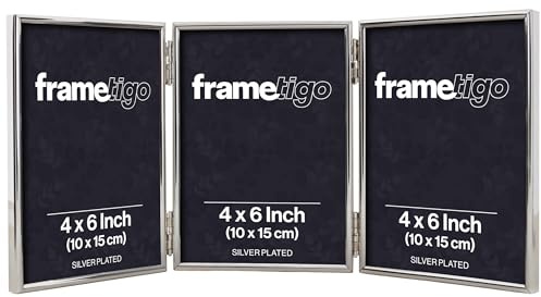 Frametigo - Silver Plated Thin Edge Triple Photo Frame, 4x6 (10x15cm) Photo Size - Portrait Orientation - Velvet Frame Backing - Polished Edge Real Glass - Stylish Silver Frames - Tarnish Resistant