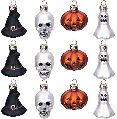 Watayo 12 Glass Ornaments - Halloween Decorations with Pumpkin, Ghost, Skull, Witch Hat for Party & Tree