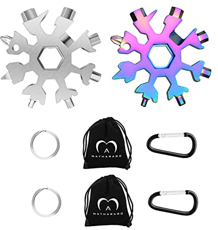MATHARAGO Snowflake Multitool, 2pcs Snowflake Tool Stainless Steel 18 in 1 Snowflake Multitool with Carabiner Clip, Keyring and Storage Bag for Gift Men's Present（Silver and Multicolor）