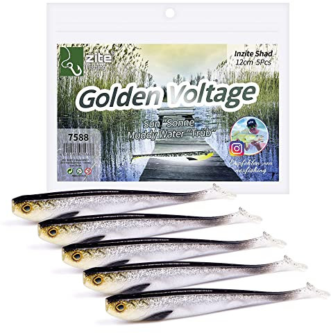 Zite Fishing Gummifische Zander Set – Inzite Shad 12cm Diverse Farben - 5STK Fängige Gummiköder Zanderangeln - Softbait Angelköder UV-Aktiv (Golden Voltage)