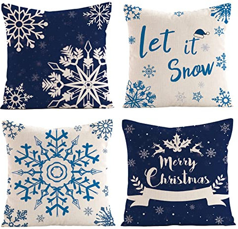 OCEUMACO Leinen Kissenbezug 50x50 Dunkelblau Weihnachten Kissenhülle 4er Set Quadratisch Dekokissen Sofakissen Bezug für Couch Schneeflocke Weihnachtsdeko Kissen Kissenbezüge Deko Zierkissen