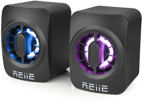 reiie PC Speakers, Computer Speakers with Multimedia Stereo Sound & Colorful LED Lights, USB Powered, Compatible with Smartphone/Laptop/PC, 3.5mm Audio Connection (2 Pack)