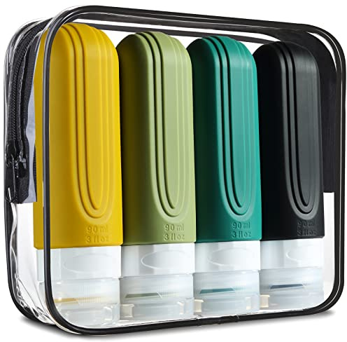 Mrsdry Travel Bottles for Toiletries, Tsa Approved 3oz Travel Size Containers BPA Free Leak Proof Refillable Liquid Silicone Squeezable Travel Accessories for Shampoo Conditioner Lotion (4 Pack)