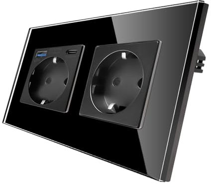 CNBINGO Glas Doppelsteckdose mit 2 USB Anschlüsse (1 USB-A und 1 Typ-C Port - unterstützung 20W Schnellladen) - Schutzkontakt Wandsteckdose Einfach mit Glasrahmen - Schuko Steckdose Unterputz Schwarz