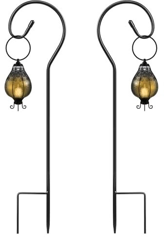 SEGNAYEN Shepherds Crook Ganchos para luces de jardín, 80 cm, ganchos ajustables para faroles de jardín con estaca de metal para colgar luces solares, cestas de plantas, color negro, juego de 2