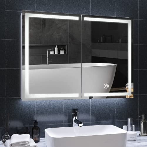 DICTAC Armoire Toilette Miroir avec éclairage LED et Prise 80x13.5x60cm Miroir Salle de Bain avec Etagere et 3Couleur Lumiere Métal Armoire de Toilette avec Miroir Interrupteur Tactile Capteur,Blanc