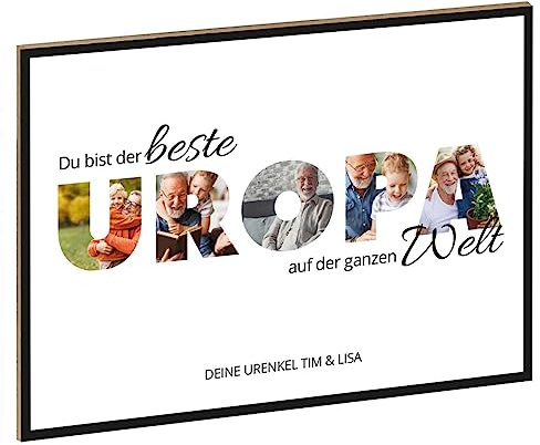 GRAVURZEILE Holzschild mit Foto - Familie Design - Personalisiert mit Namen und eigenen Fotos - Personalisiertes Foto Geschenk zum selbst gestalten für Sie & Ihn - DIN A4 Format - Farbe: Uropa