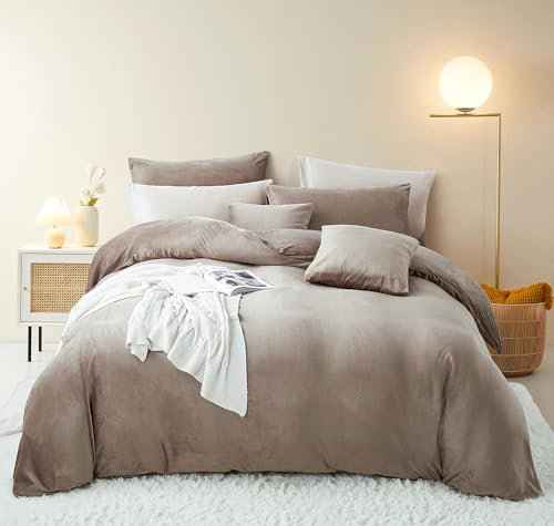 Nyescasa Winter Plüsch Bettwäsche 135x200 4Teilig Coral Fleece Flauschig Flanell Khaki Wendebettwäsche Cashmere Touch 2 Bettbezug mit Reißverschluss und 2 Kissenbezug 80x80cm Warme Deckenbezug