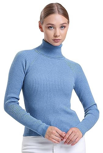 alsestudio Women`s Turtle Neck Jumper Premium Quality Silk Touch Long Sleeve Soft Ribbed Pullover Essential Knitted Roll Neck Sweaters Blue, L