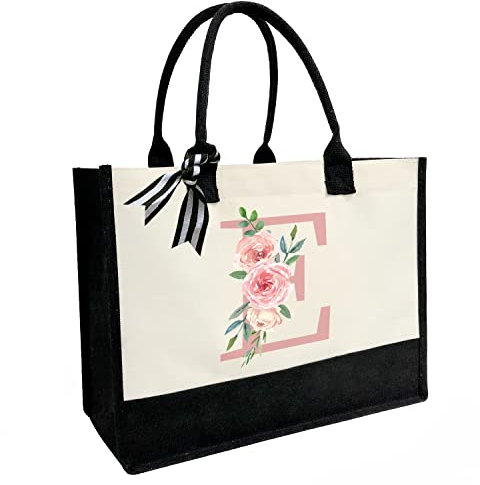 Personalisierte Strandtasche aus Segeltuch mit Innentasche mit Reißverschluss, doppelte Schultergurte, monogrammierte Jute-Tasche für die tägliche Arbeit und Reisen, Pinker Buchstabe E, Einheitsgröße