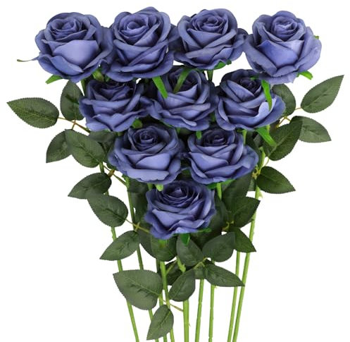 JUSTOYOU, 10 rose artificiali in seta a stelo singolo, fiori finti per casa, feste, bouquet di nozze (blu sfumato)