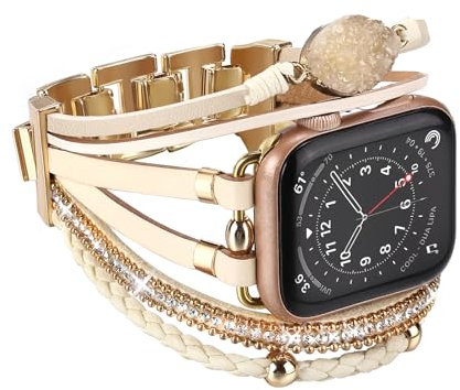 Wingoden Posh Leather Band Compatible with Apple Watch Band Bracelet 38mm 40mm 41mm for Women Men - Wrap Boho Apple Watch Strap for iWatch Band Series 9 8 SE 7 6 5 4 3 2 1 Ultra 2, Beige Stone