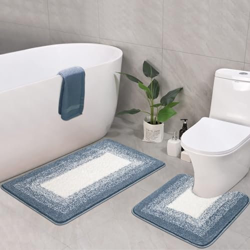 McEu Badematten Set 2 Teilig, rutschfest Waschbar Badteppich 80x50cm und WC Vorleger 50x50cm, Weicher Mikrofaser Saugfähig Badvorleger für Badezimmer,Blau