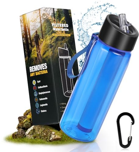 Gourde Filtrante De Voyage, Filtre Eau Portable, Voyage Randonnée Trek Camping Kit Purificateur Réutilisable Filtre à eau pour la randonnée, le camping, la survie et les voyages (BLUE)