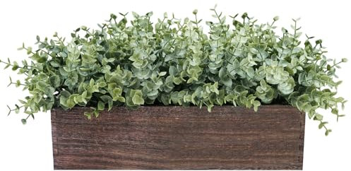 Winlyn Eucalipto artificial de 14 pulgadas en maceta rectangular de madera para arreglo de plantas sintéticas, centro de mesa de eucalipto en maceta de madera para granja, boda, comedor, centro de