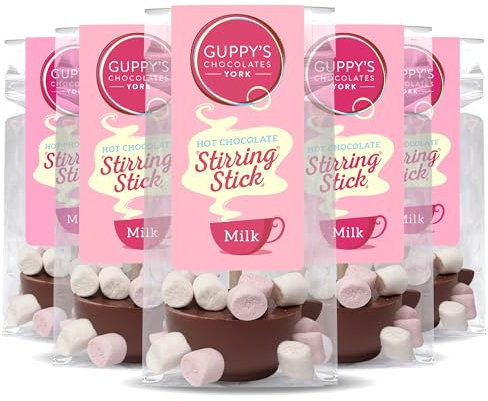 Guppy's Chocolates York | Hot Chocolate Stirrer | 32g Cup Shaped Drinking Chocolate Sticks Spoons | Gift Set (1 Count (Pack of 5), Milk Chocolate With Marshmallows)