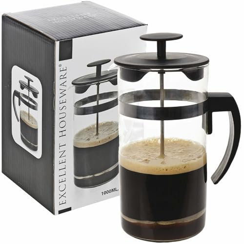 URBN-CHEF 1L French Press Coffee Maker Machine - Cafetiere Plunger for Home Office Use with Glass Jug Durable Design, Easy Clean, Perfect for Freshly Brewed Coffee Tea, and Herbal Infusions