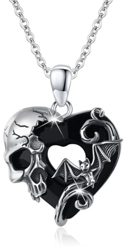 TRISHULA Totenkopf Halskette Damen 925 Sterling Silber Fledermaus Anhänger Vintage Gothic Totenkopf Skelett Rose Halskette Punk Vintage Goth Schmuck Geschenke für Männer Damen