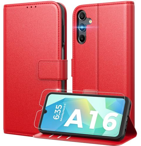 Peakally Handyhülle für Samsung Galaxy A16 5G Hülle [Mit 1 Stück Panzer Schutz Glas] [Premium PU Leder] [RFID-Blockierung] [Kartenfach] Klapphülle kompatibel mit Galaxy A16 5G / A16 4G - Rot