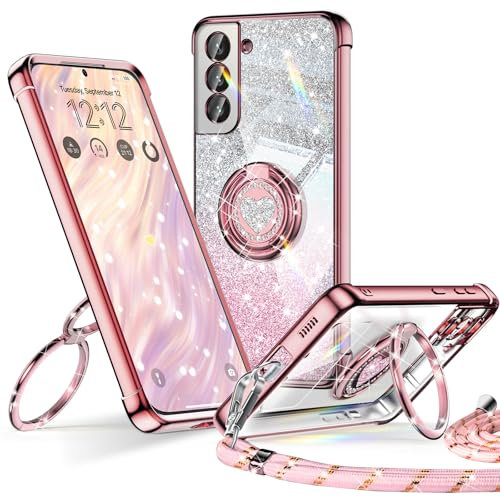 XYZ für Samsung Galaxy S22 Hülle mit Band, Herzen Doppelring Ständer Luxus Glitzer HandyHülle Kameraschutz, Frauen Stoßfest Elektroplattiert Soft TPU SchutzHülle Clear Samsung S22 Case, Roségold