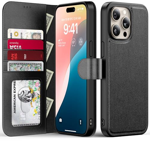 FUNMIKO for iPhone 13 Pro Case Wallet,Detachable Flip Folio Leather Cover,RFID Blocking 4 Card Slots Holder,Magnetic Kickstand,Protective Phone Shell for Women Girls,Black