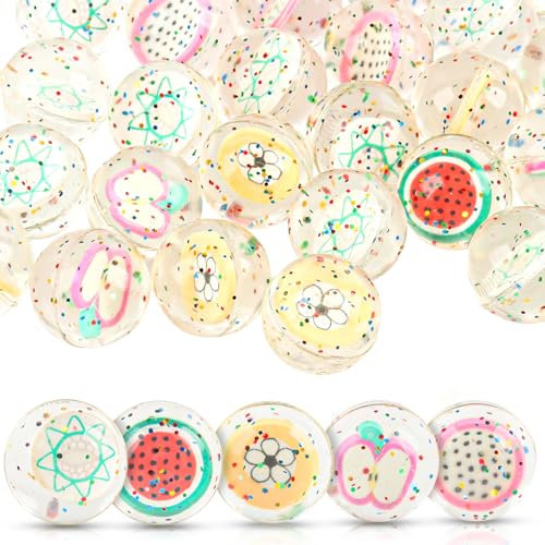 TIVUNORON 30 Pcs Palline Cartone Animato per Bambini, 30mm Palline di Gomma Rimbalzanti, Fruity Bouncy Balls, Piccolo Palline Rimbalzanti, Regalini Fine Festa Compleanno Bambini, Motivo Casuale