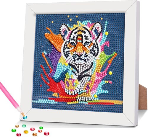 77iiAii Diamond Painting Kinder mit Rahmen Tiger, Diamant Painting Bilder Kinder, Kreative Geschenke für Mädchen und Jungs 6 7 8 9 10 11 12 Jahre 18x18 Cm