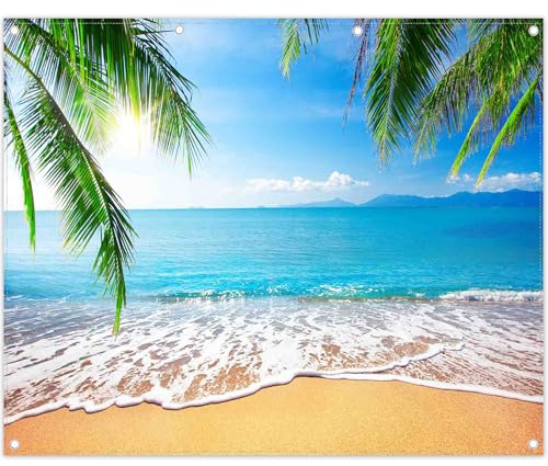 Luminora 3x2,4 m Hintergrund Strand tropisch Ozean blau Himmel Sommer | Polyester-Stoff, Palmenblätter Hintergrund, Kinder Familien Geburtstagszubehör, Banner Dekorationen, Outdoor Fotokabine