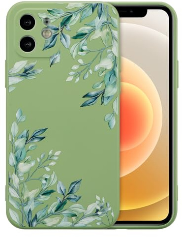 RALEAVO Case for iPhone 12, Cute Flower Silicone Slim Cover, Green/Leaf | For iPhone 12 Liquid Silicone Phone Case, for Girls Women Aesthetic Flowers Shockproof Protective Soft Cover