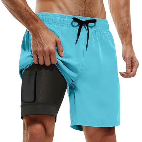 Short de Bain Homme 2 en 1, Maillot de Bain Homme Piscine Séchage Rapide avec Doublure de Compression Boxer de Bain Grande Taille Léger Shorts de Plage Natation Surf avec 2 Poches, Bleu Clair XL