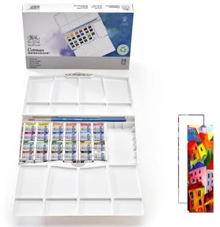 Winsor & Newton Cotman Aquarelle 24 Demi-Godets + 1 Pinceau et 2 Carte